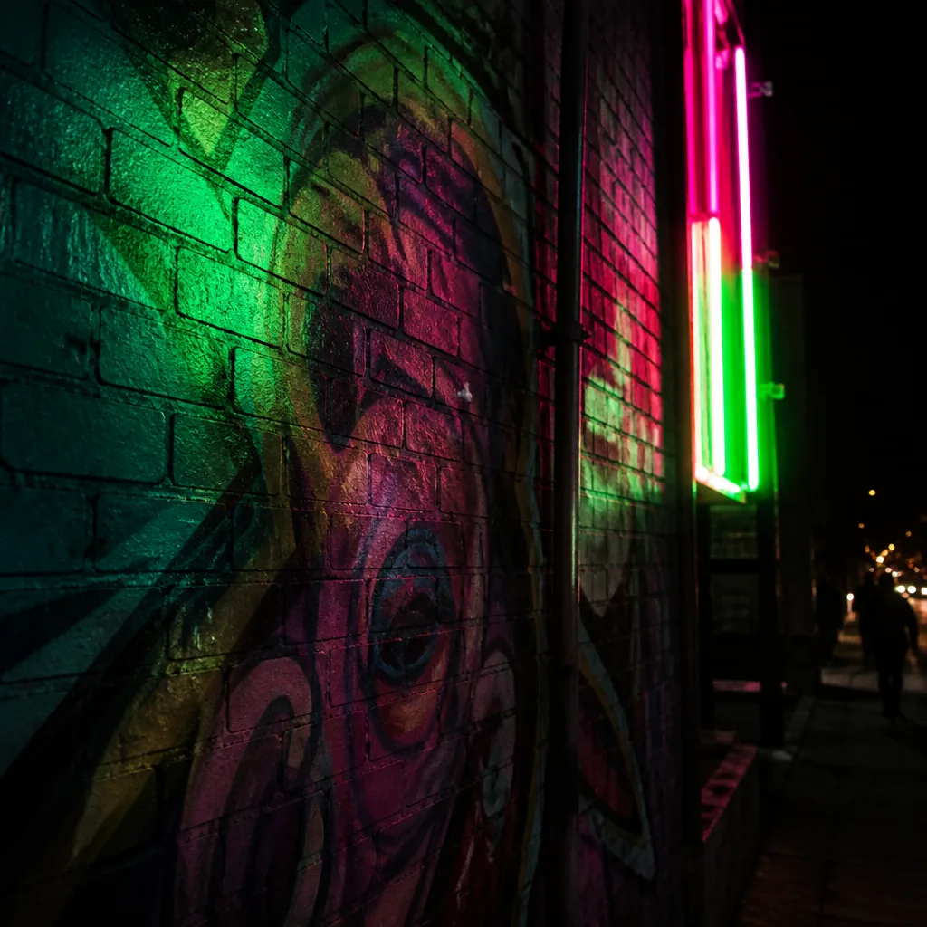 Muro urbano con graffiti y luces de neón de noche
