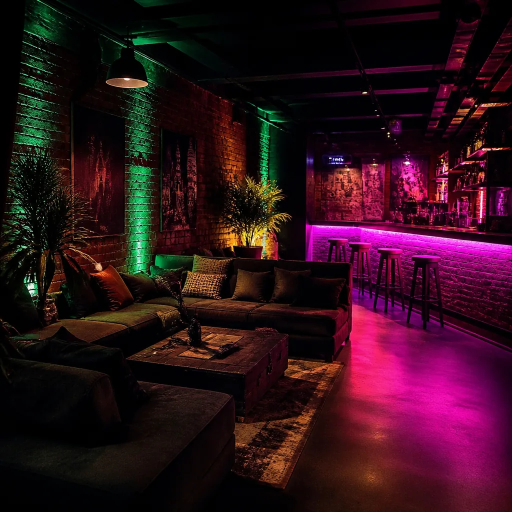 Rincón lounge del club con luces de neón verde y magenta