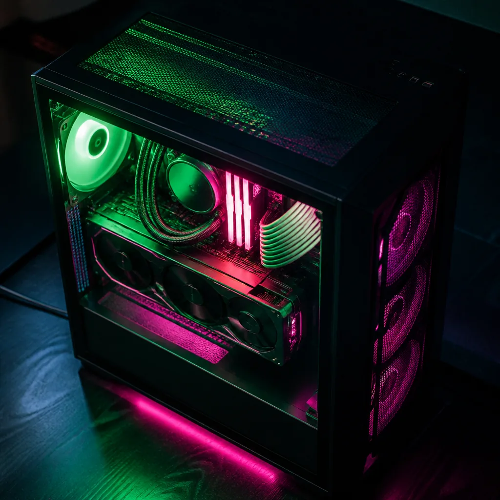 PC gamer con panel de vidrio y luz verde y magenta