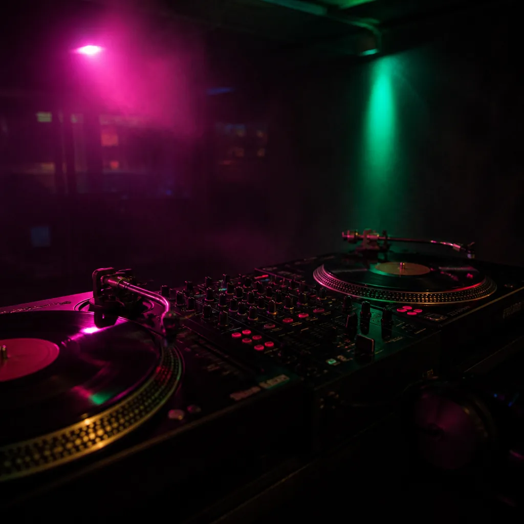 Cabina de DJ con luces de neón en un club urbano