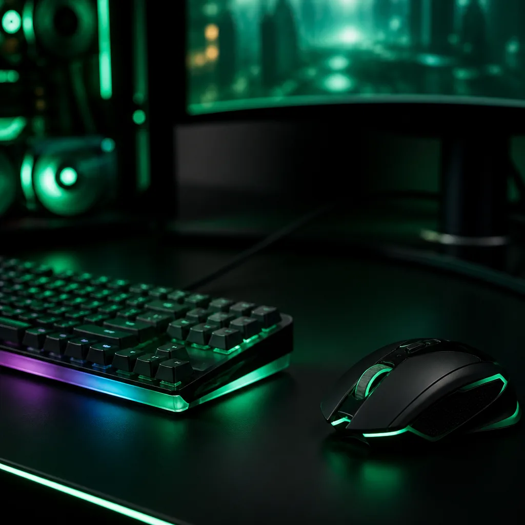 Setup de PC gamer con teclado iluminado en luz verde
